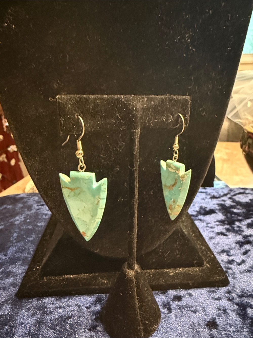 Genuine turquoise carved arrowhead earrings pierced with silver tone hooks